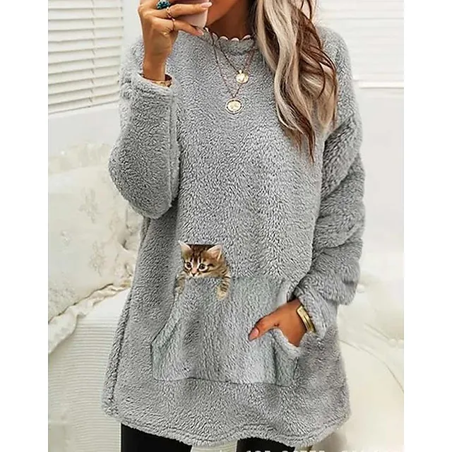 Women's Sweatshirt Pullover Fleece Sports Sherpa Fleece Teddy Front Pocket Light Blue Black Pink Cat Street Casual Round Neck Long Sleeve Top Micro-elastic Fall & Winter
