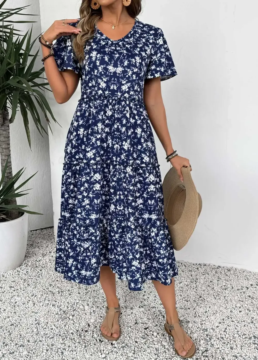 Navy Ditsy Floral Print Short Sleeve V Neck Dress