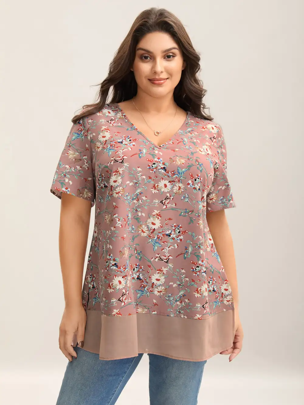 Garden Print Spliced V-Neck Blouse