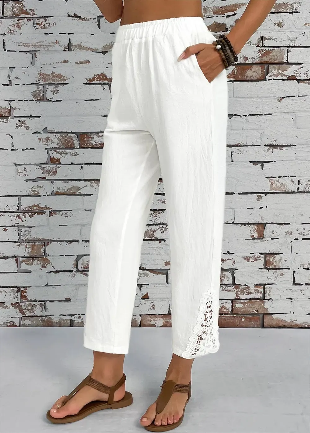 White Pocket Straight Leg Elastic Waist High Waisted Pants