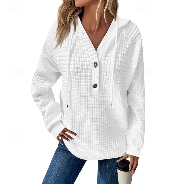 Women's Texture Sweatshirt Waffle Sweatshirt  Pullover Hoodie Sweatshirt Plain Streetwear Casual Long Sleeve Hooded Regular Tops Street Holiday Going out Buttons Black White Pink Wine Fall Winter