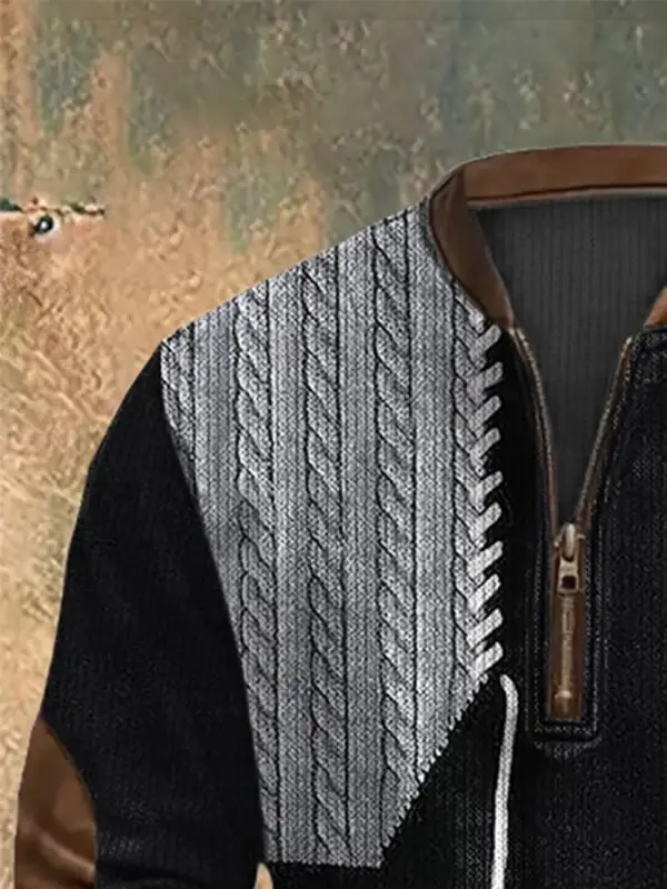 Men'S Casual 1/4 Zipper Half Stand Collar Retro Color Block Print Long Sleeve Sweatshirt