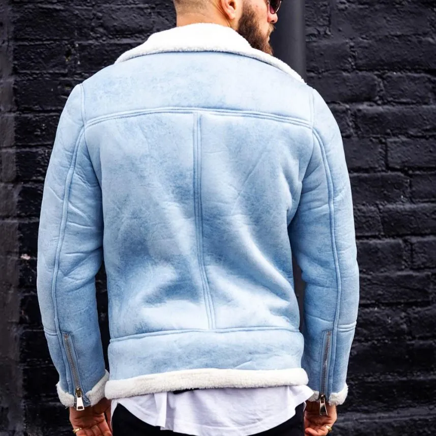 Heavy Cashmere Motorcycle Leather Jacket Light Blue
