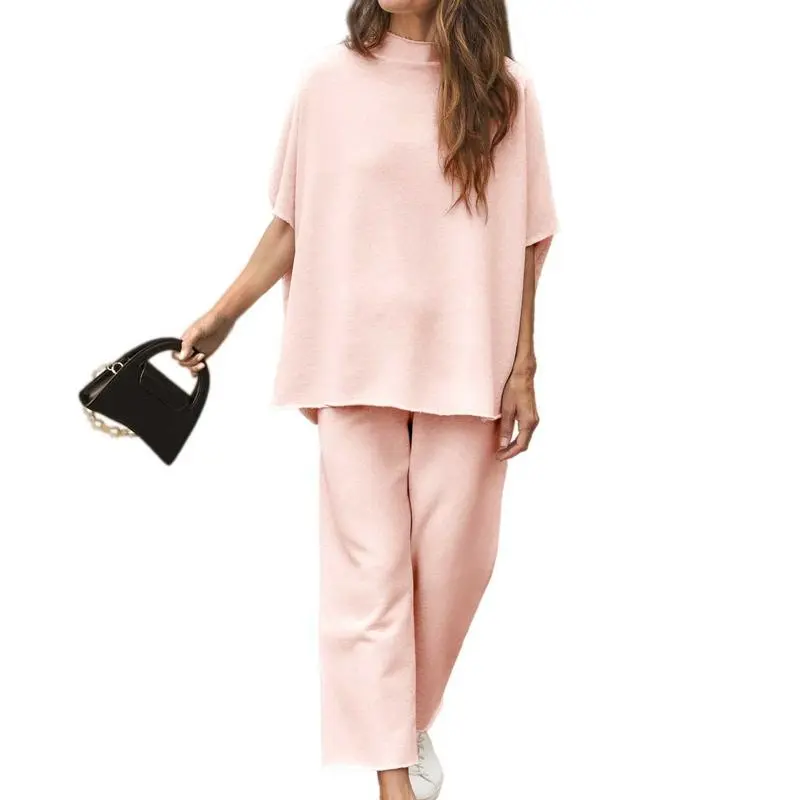 Women’s 2-Piece Lounge Set, Batwing Sleeve Pullover Top & Wide Leg Pants, Travel Outfit