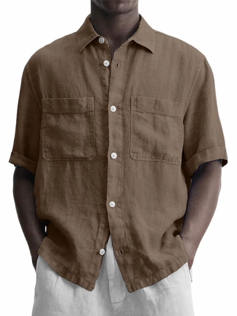 Men's Cotton And Linen Double Pocket Classic Casual Versatile Short-sleeved Shirt