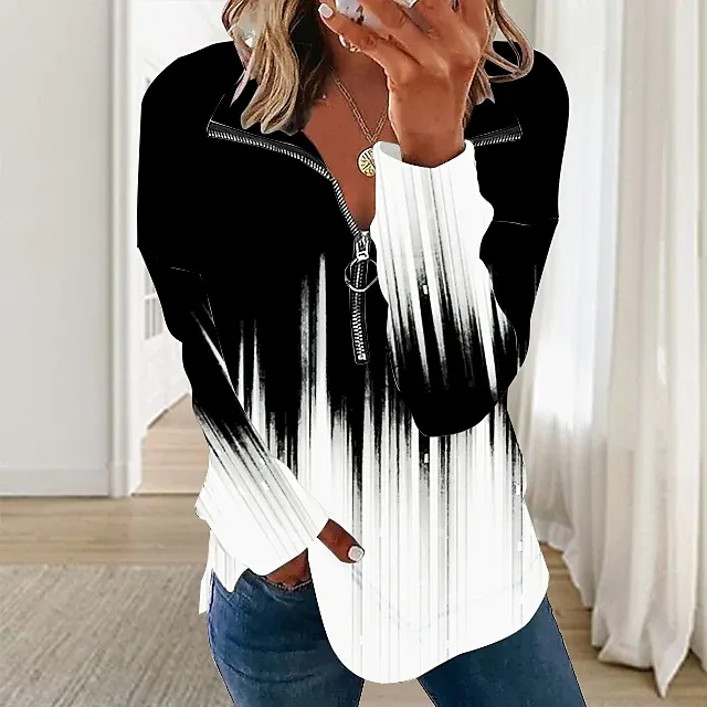 Women's Sweatshirt Pullover Basic Zipper White Red Blue Plaid Color Block Street V Neck Long Sleeve
