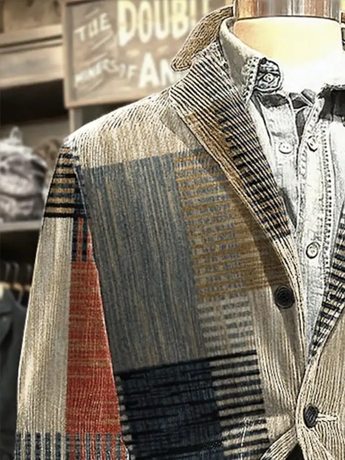 Men's Casual Retro Color Block Corduroy Jacket