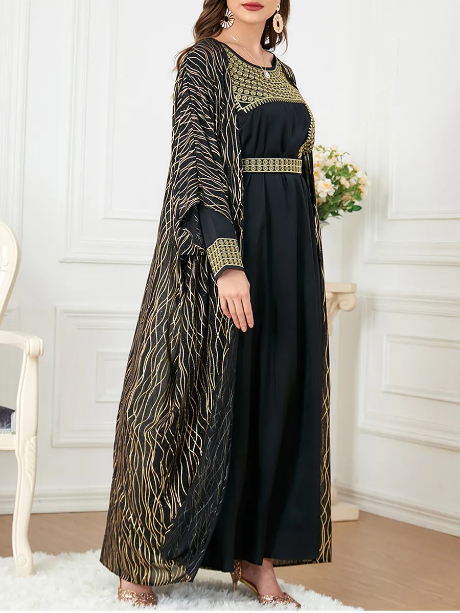 Round neck embroidery and gold stamping long sleeved dress cardigan two-piece set