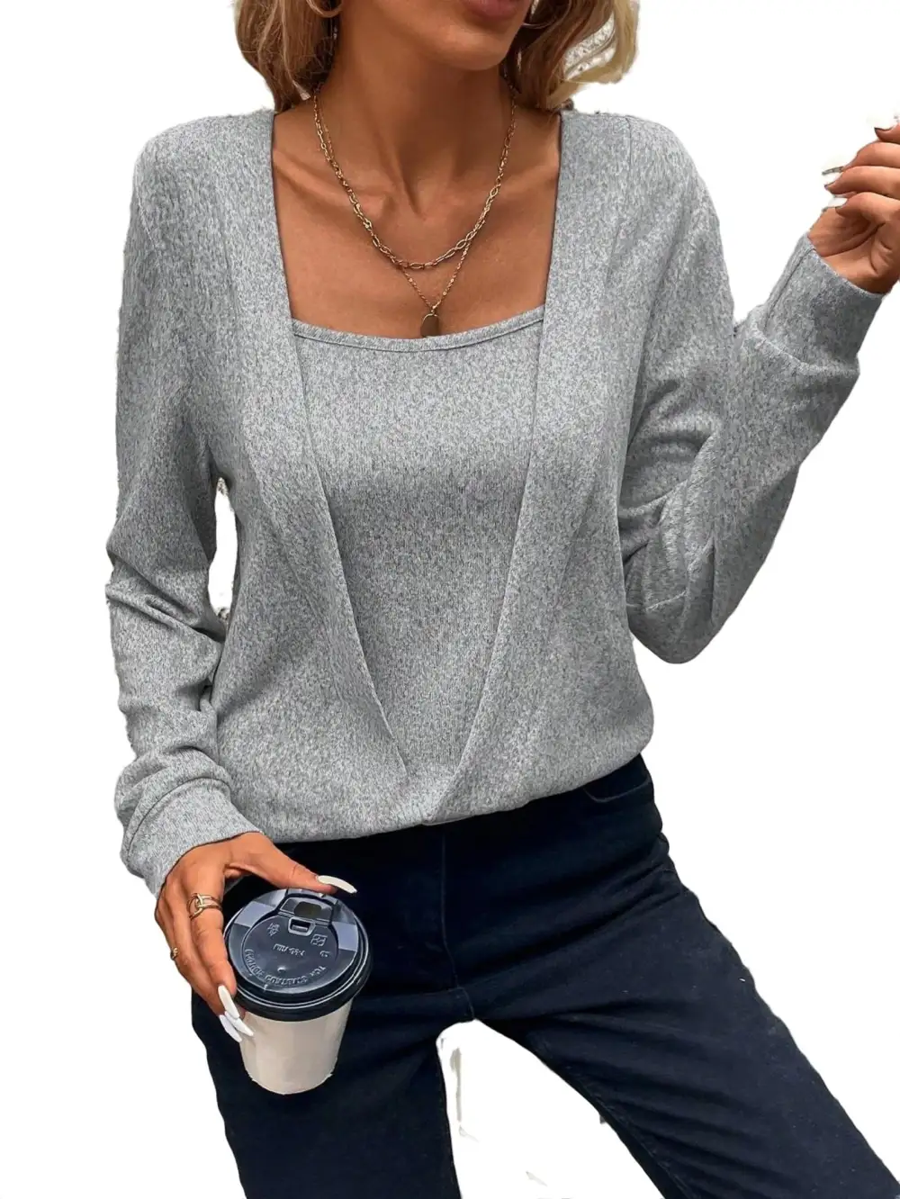 Casual Solid Pullovers Square Neck Light Grey Women Sweatshirts