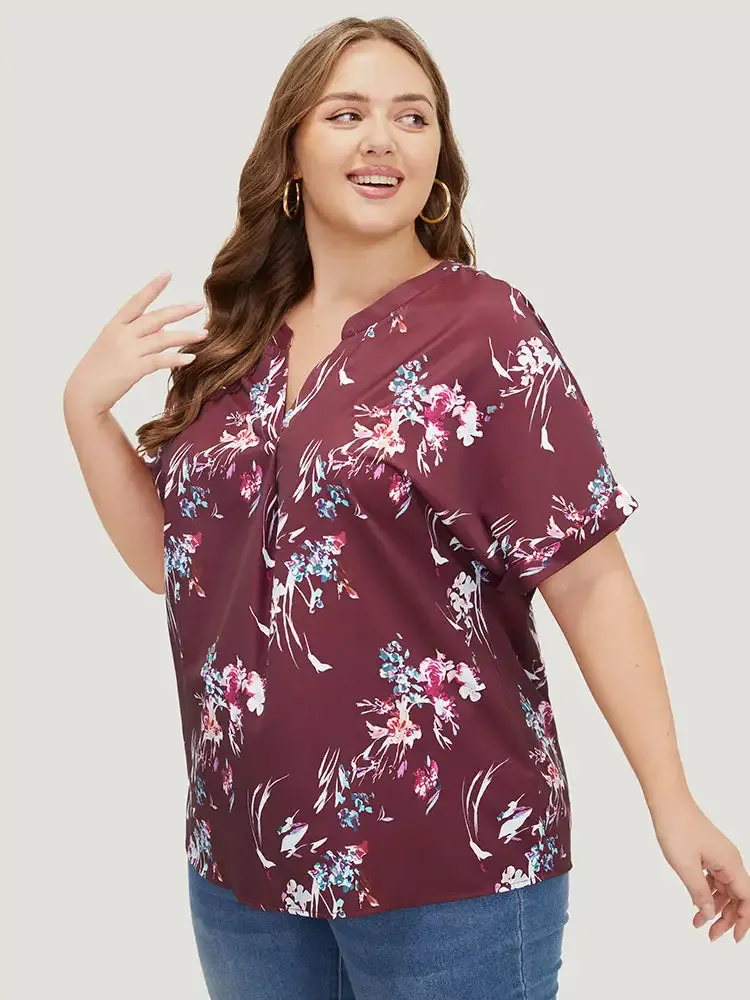 Floral Roll Batwing Sleeve Notched Neck Blouse