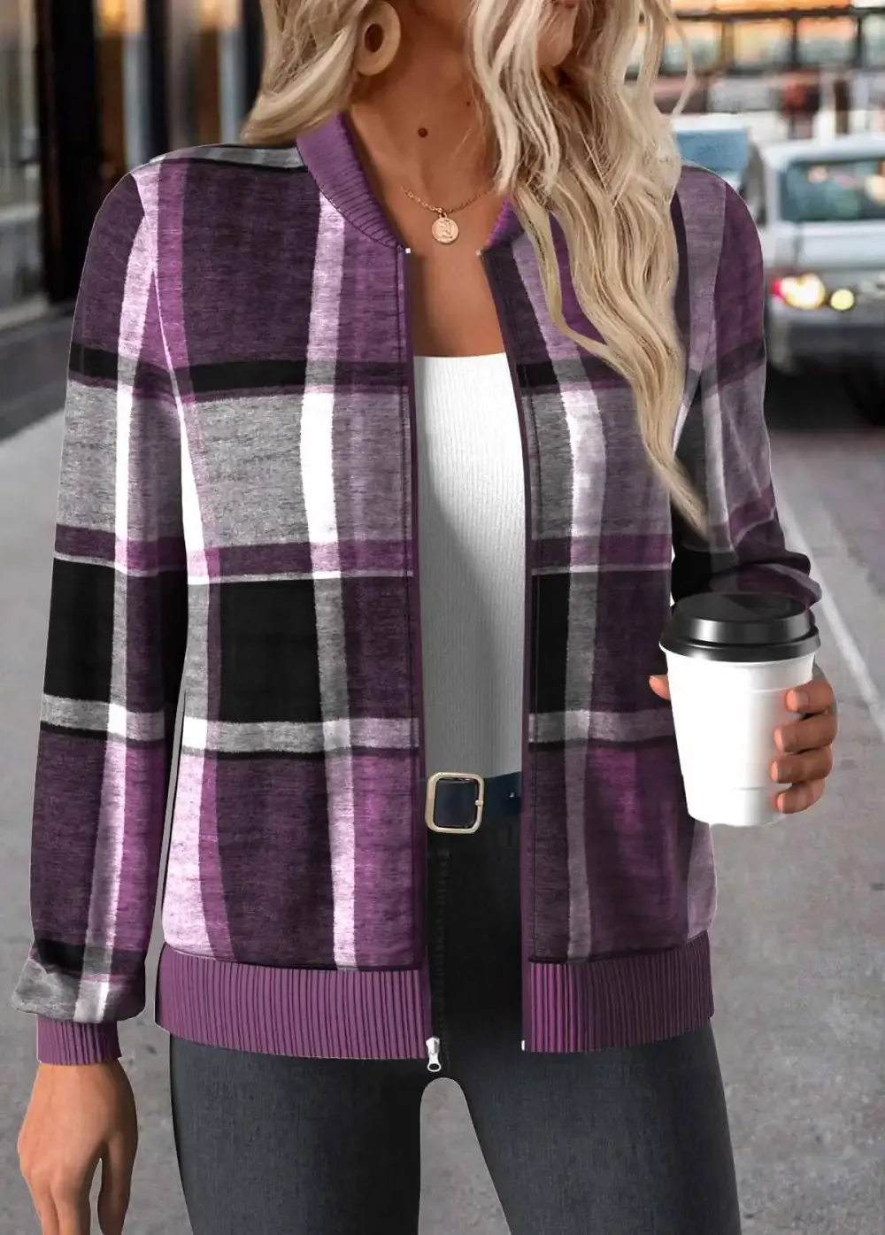 Purple Zipper Plaid Long Sleeve Stand Collar Jacket