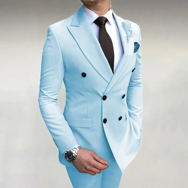 Men's Business Solid Double-Breasted Pocket Lapel Collar Lapel Blazer& Pants 2Pcs Set