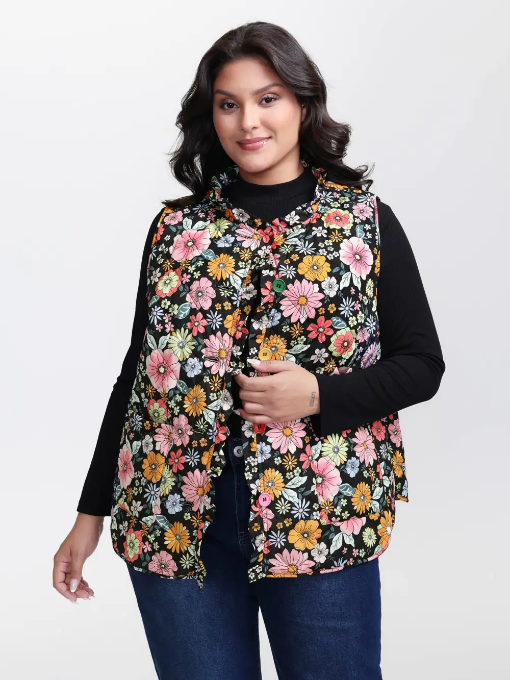 Floral Quilted Cotton Ruffled Neck Vest