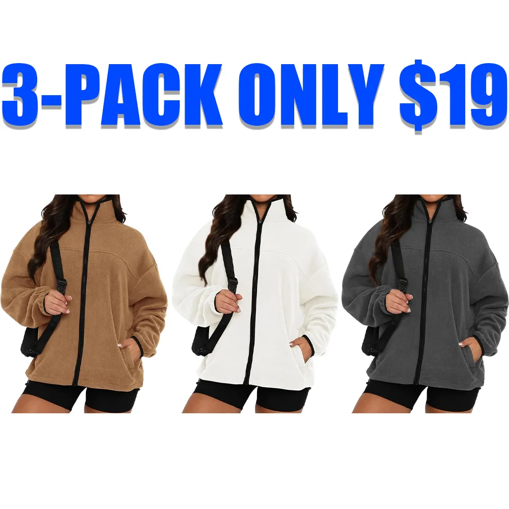 Women’s Fleece Zip-Up Jacket – Baggy Stand Collar with Pockets, Fall/Winter