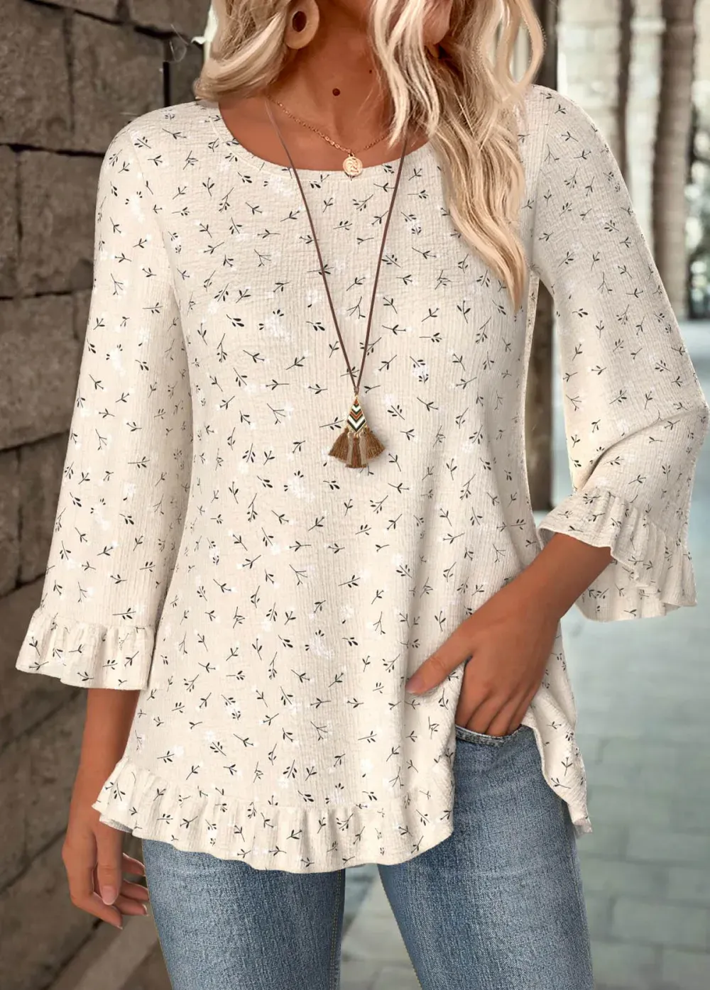 Beige Patchwork Ditsy Floral Print 3/4 Sleeve T Shirt