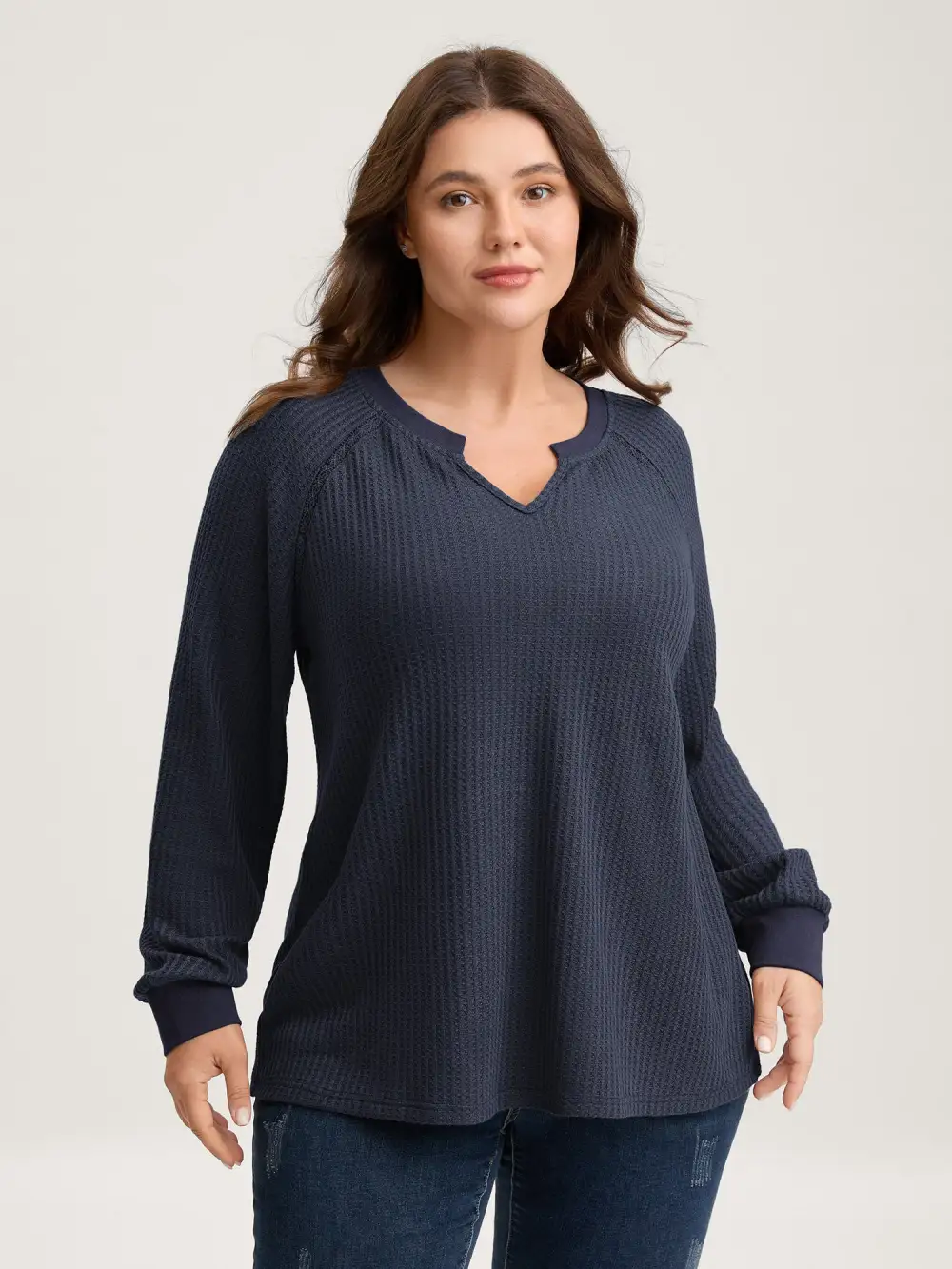 Waffle Grid Notched Collar Lace Sweatshirt