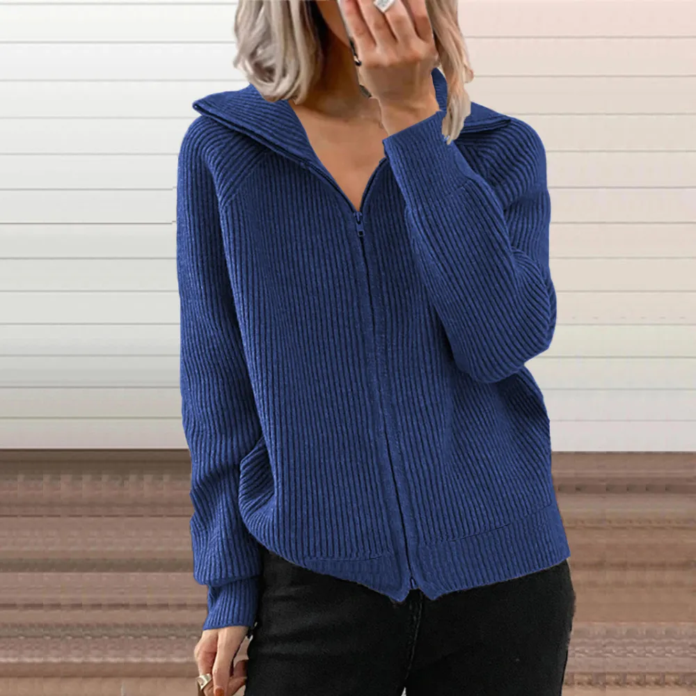 Fashionable Solid Color Loose Knit With Zipper Lapel Sweater