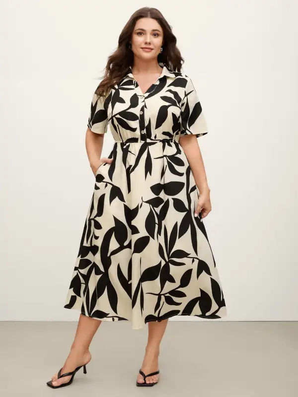 Leaf Print Buttons Waist-Defining Midi Dress