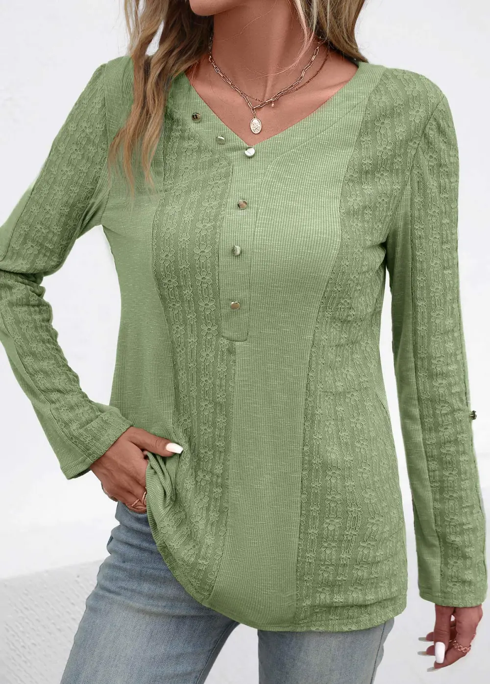 Sage Green Patchwork Long Sleeve V Neck Blouse