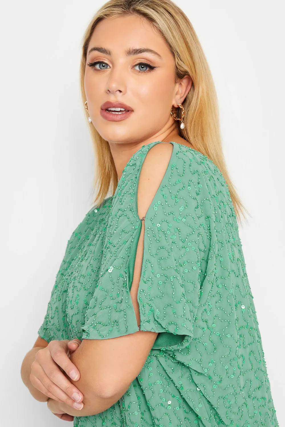 LUXE Curve Teal Green Sequin Hand Embellished Cape Dress
