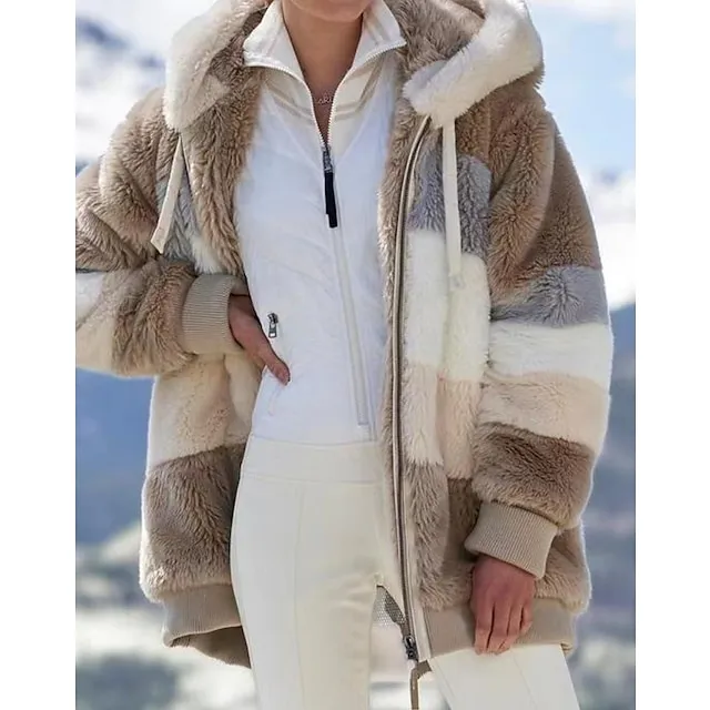 Women's Zip Hoodie Sweatshirt Fleece Pullover Sherpa Fleece Teddy Zip Up Black Wine Blue Color Block Loose Fit Street Casual Hoodie Plus Size Long Sleeve Top Fleece lined Micro-elastic Fall & Winter