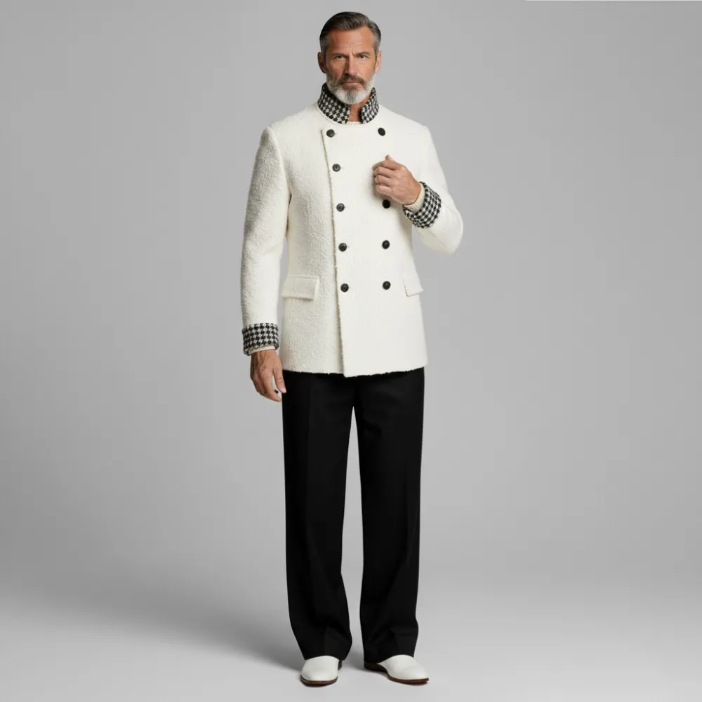 Men's White Houndstooth Pattern Patchwork Stand Collar Long Sleeve Double Breasted Textured Coat