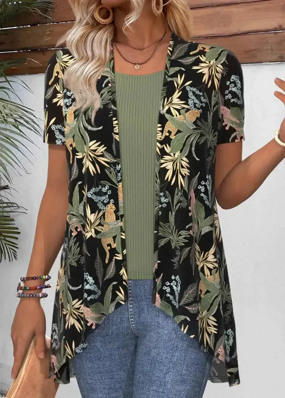 Green Leaf Print Short Sleeve Light Cardigan