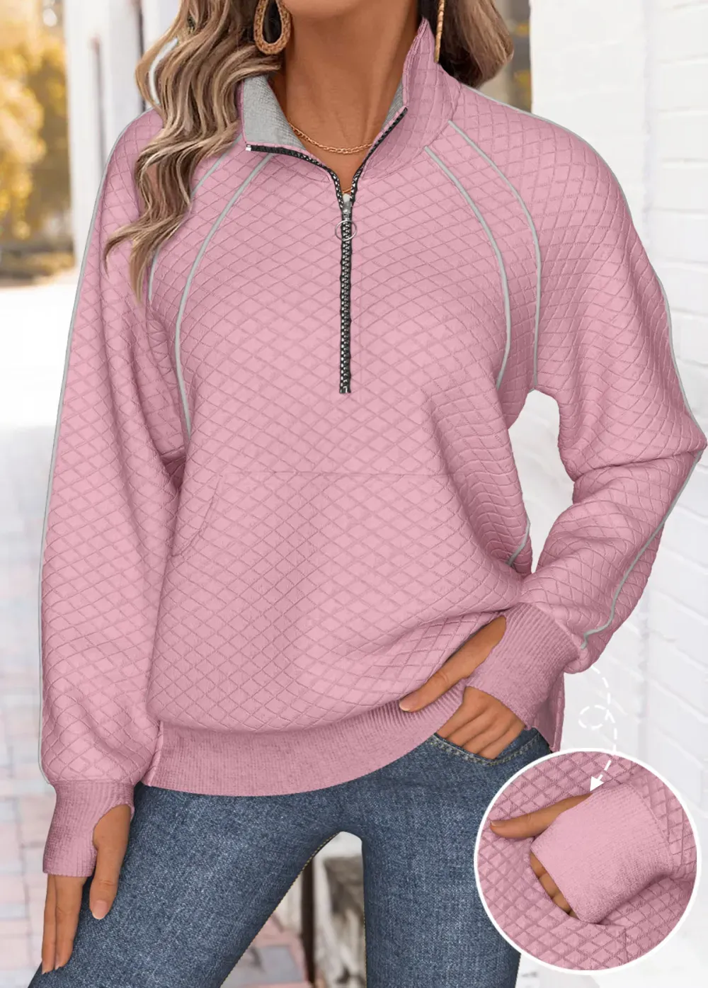 Pink Tummy Coverage Long Sleeve Stand Collar Sweatshirt