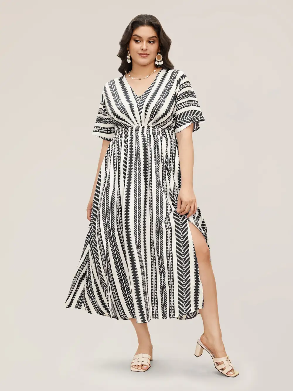 Solid Geometric Dolman Sleeve Pocket Shirred Split Hem Dress