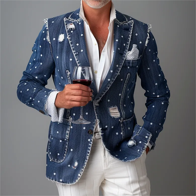 Men's Vintage Raw Edge Dots Denim Blazer