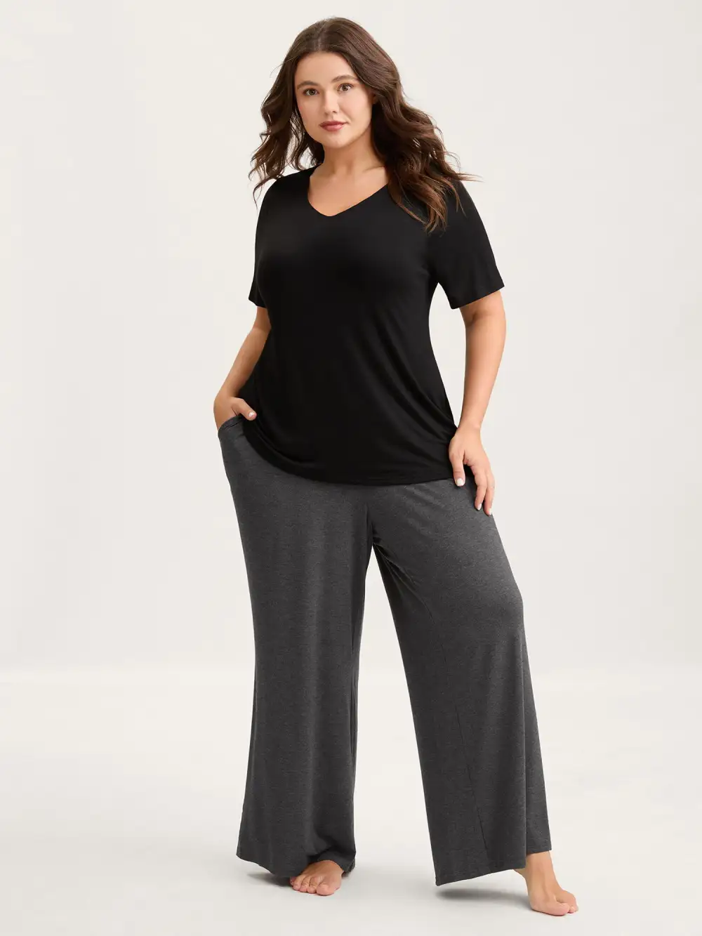 Solid Elastic Waist Wide Leg Lounge Bottoms