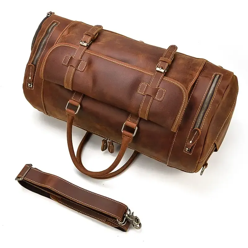 Retro Crazy Horse Leather Travel Bag with Separate Shoe Compartment