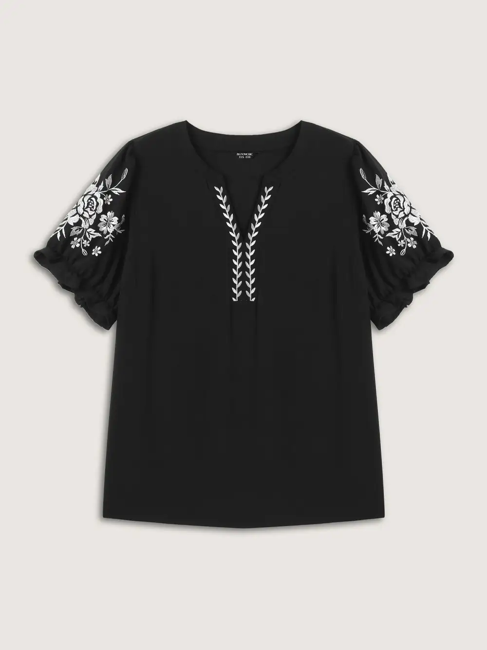 Notched Collar Embroidered Ruffled Blouse