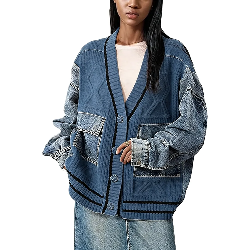 Unique Denim Patchwork Cable Knitted Coat
