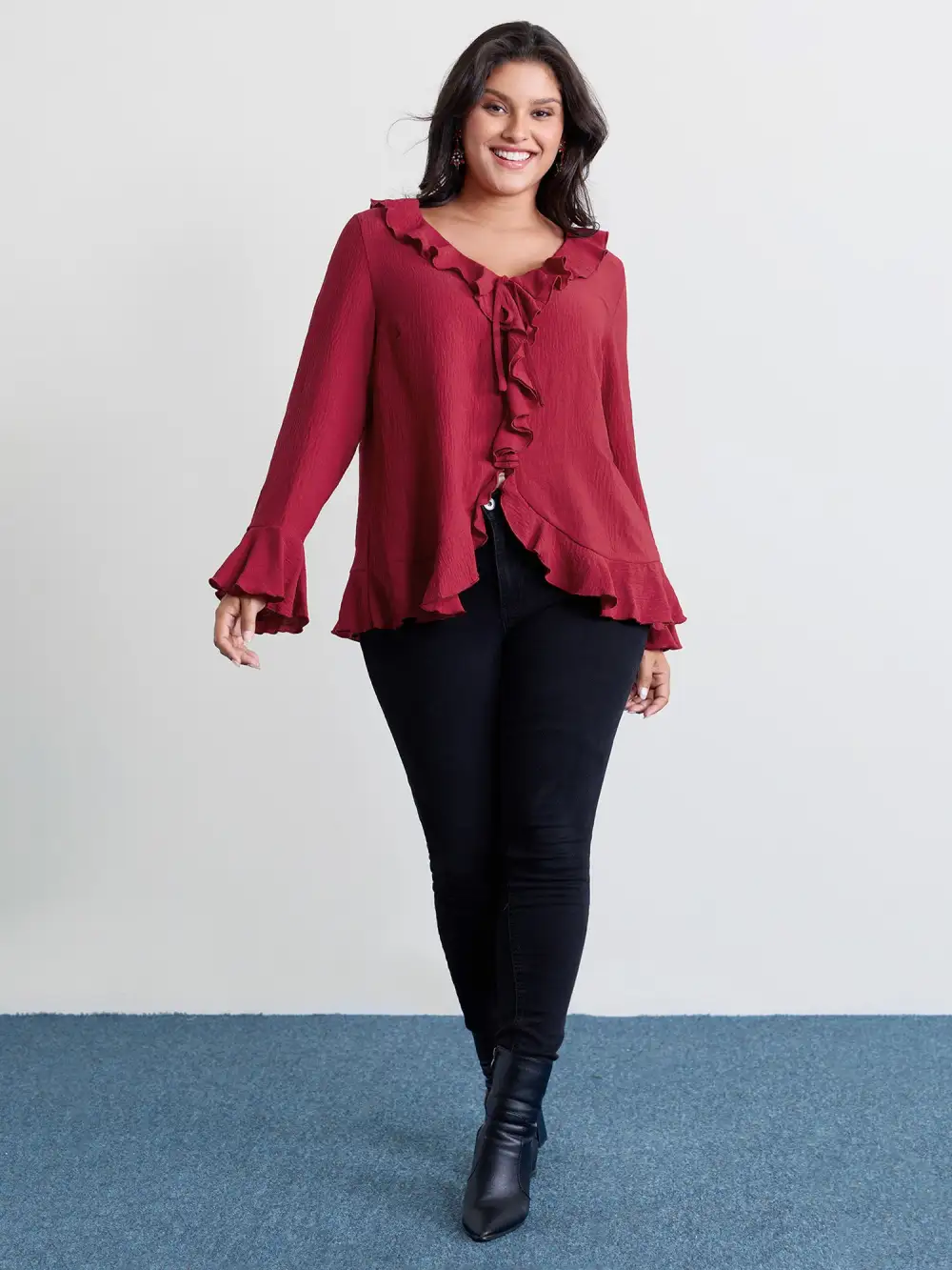 Ruffled V-Neck Curvy Edge Blouse