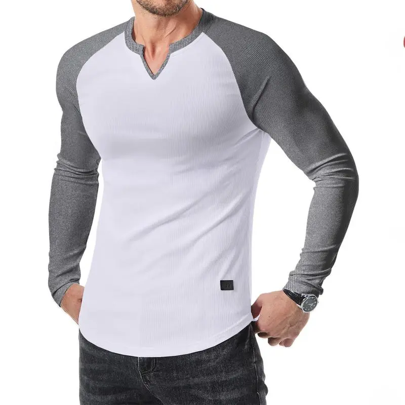 Mens Long Sleeve Muscle T Shirts Casual V-Neck Longline Ribbed Tee Shirts