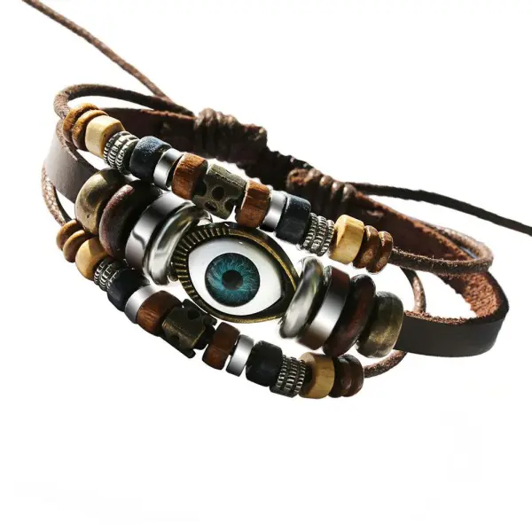 Turquoise Blue Eyes Men's Bracelet Punk Sunflower Handmade Leather Bracelet