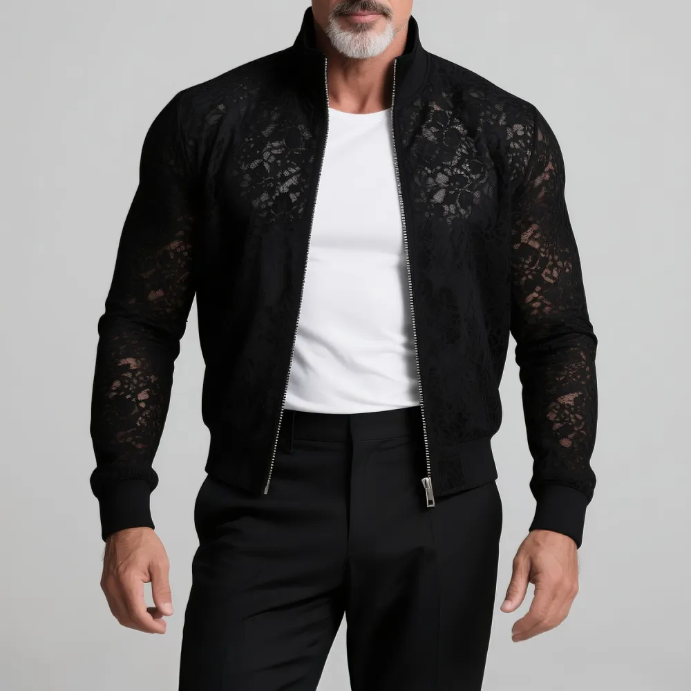Men's Lace See-Through Stand Collar Long Sleeve Zipper Jacket