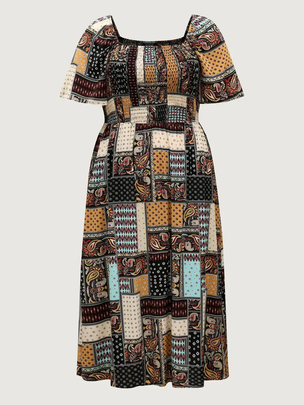 Paisley Floral Collage Shirred Pockets Midi Dress