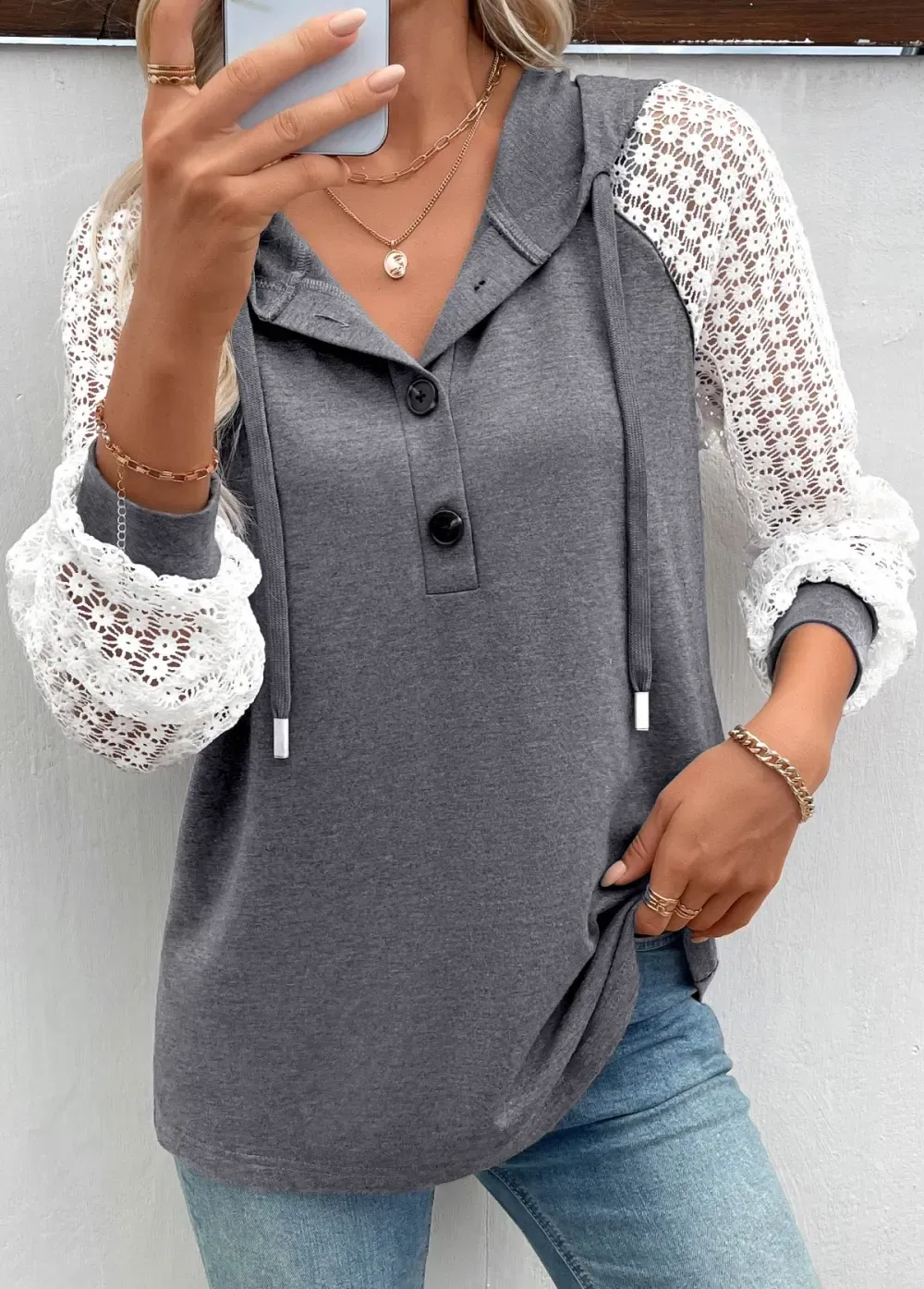 Grey Button Short Sleeve Hooded T Shirt