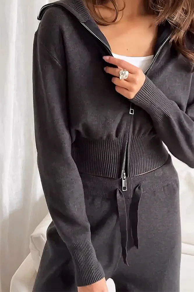 Women's Solid Color Knitted Zipper Top & Pants Two Piece Set