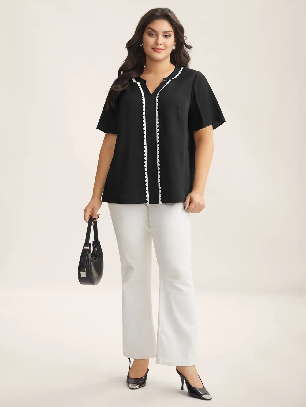 Lace Trim Notched Collar Solid Blouse