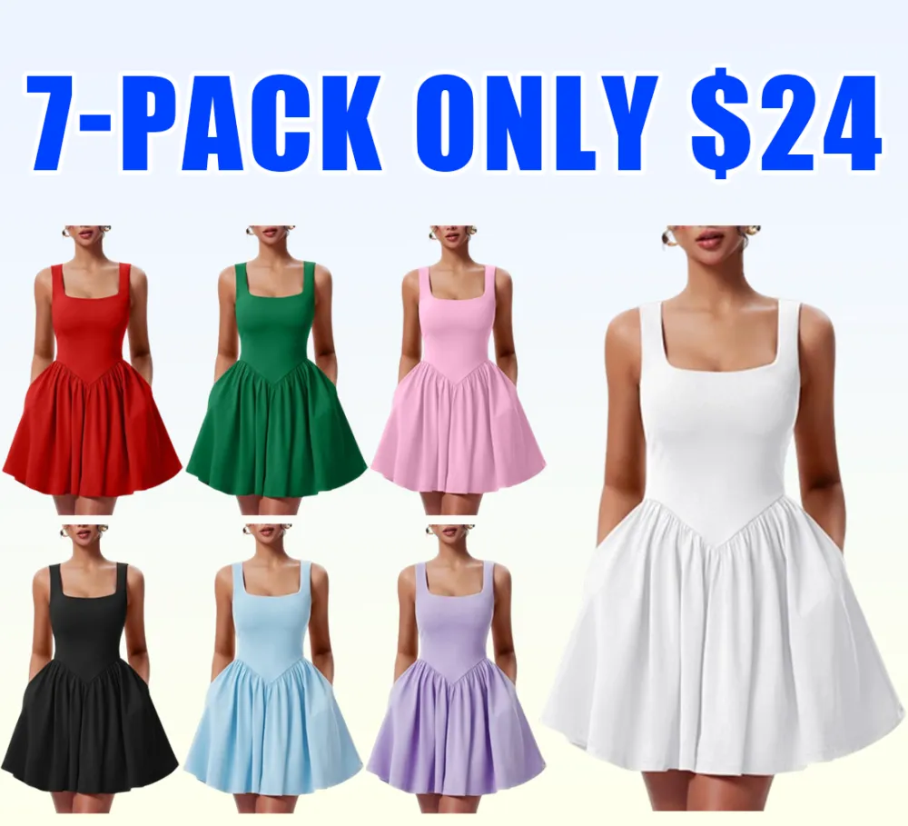 Women's Summer Sleeveless Square Neck A-line Ruffle Hem Mini Tank Dress With Pockets