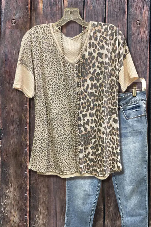 Colorblock Leopard Print V-Neck T-Shirt