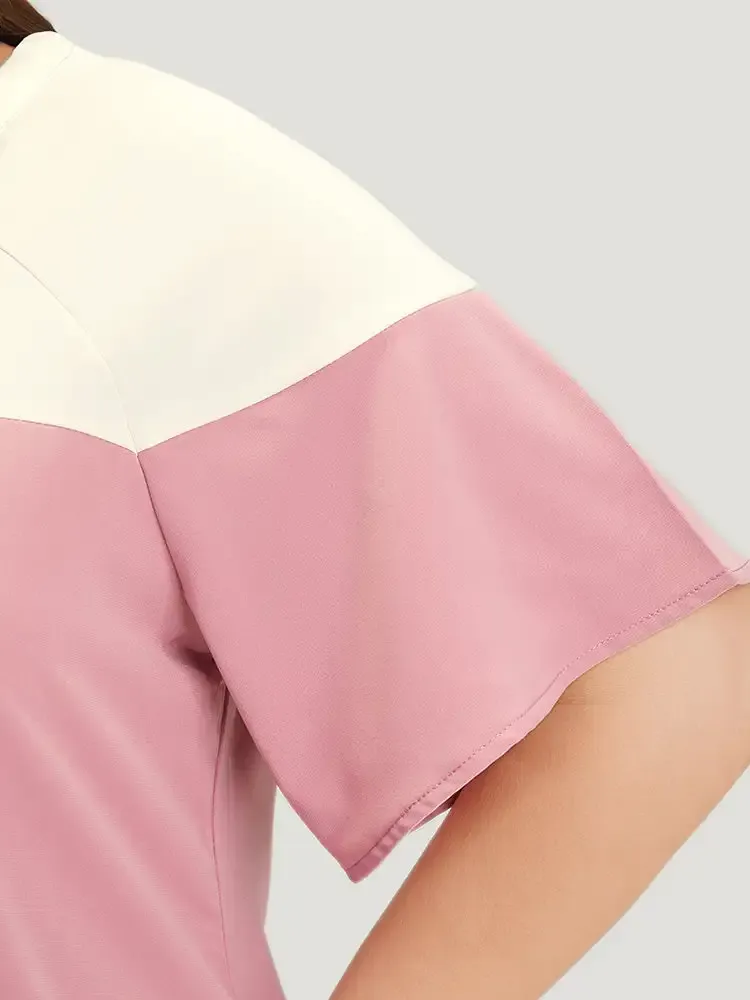 Anti-Wrinkle Two Tone Keyhole Raglan Sleeve Blouse