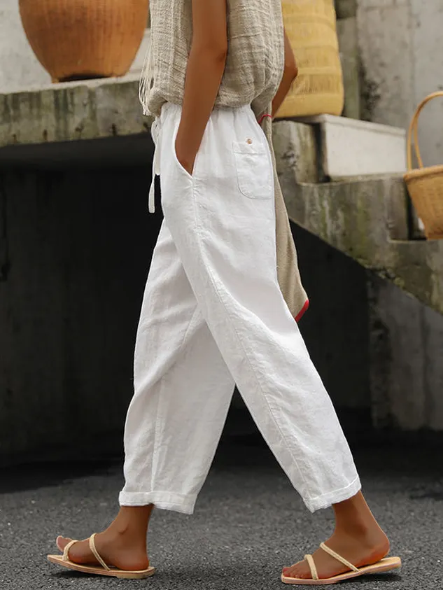 Women's Casual Plain Cotton Linen Loose Pant