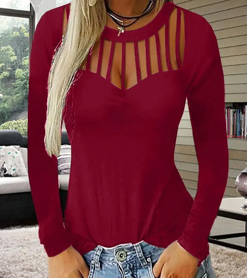 Long Sleeve Round Neck Pierced Sexy  T-Shirts