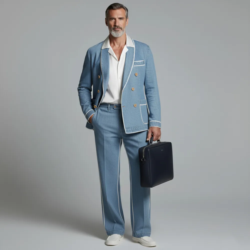 Men's Light Blue Denim Contrast Binding Double Breasted Blazer & Pocket Jeans 2Pcs Set