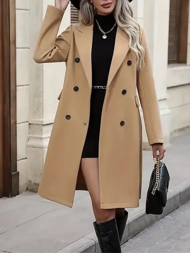 Women's Winter Coat Long Overcoat Double Breasted Lapel Trench Coat Thermal Warm Windproof Jacket Fall Casual Street Outerwear Long Sleeve Fall Winter Black Khaki