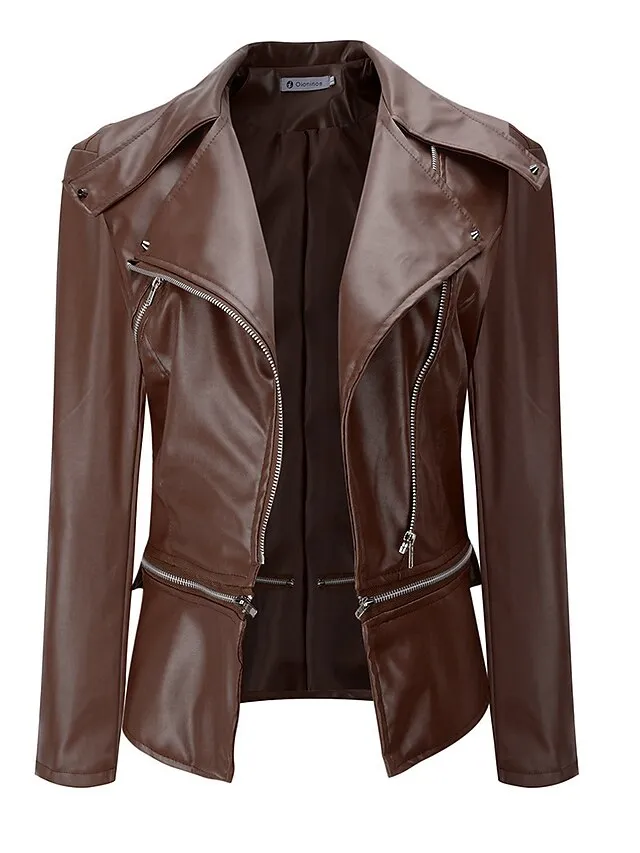 Women's Faux Leather Jacket Casual Regular Fit Outerwear Long Sleeve Winter Fall Black Wine Brown Streetwear Going out M L XL